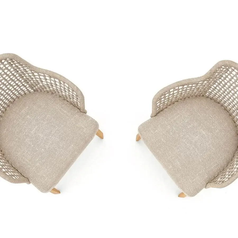 Exceptional Varaschin Emma armchair with hand-woven beige rope detailing and a light beige textured textile seat built with powder-coated aluminum