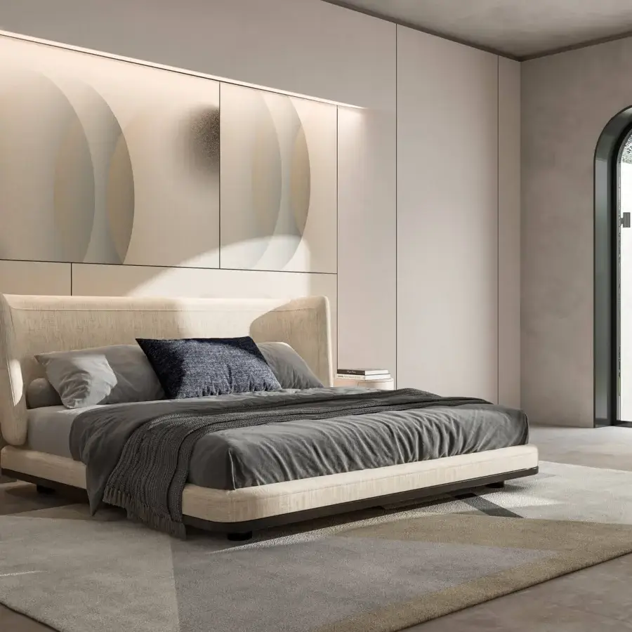 Exceptional CPRN Homood Marais bed with light beige textile upholstery and matte finish, built with a dark-toned base and curved headboard