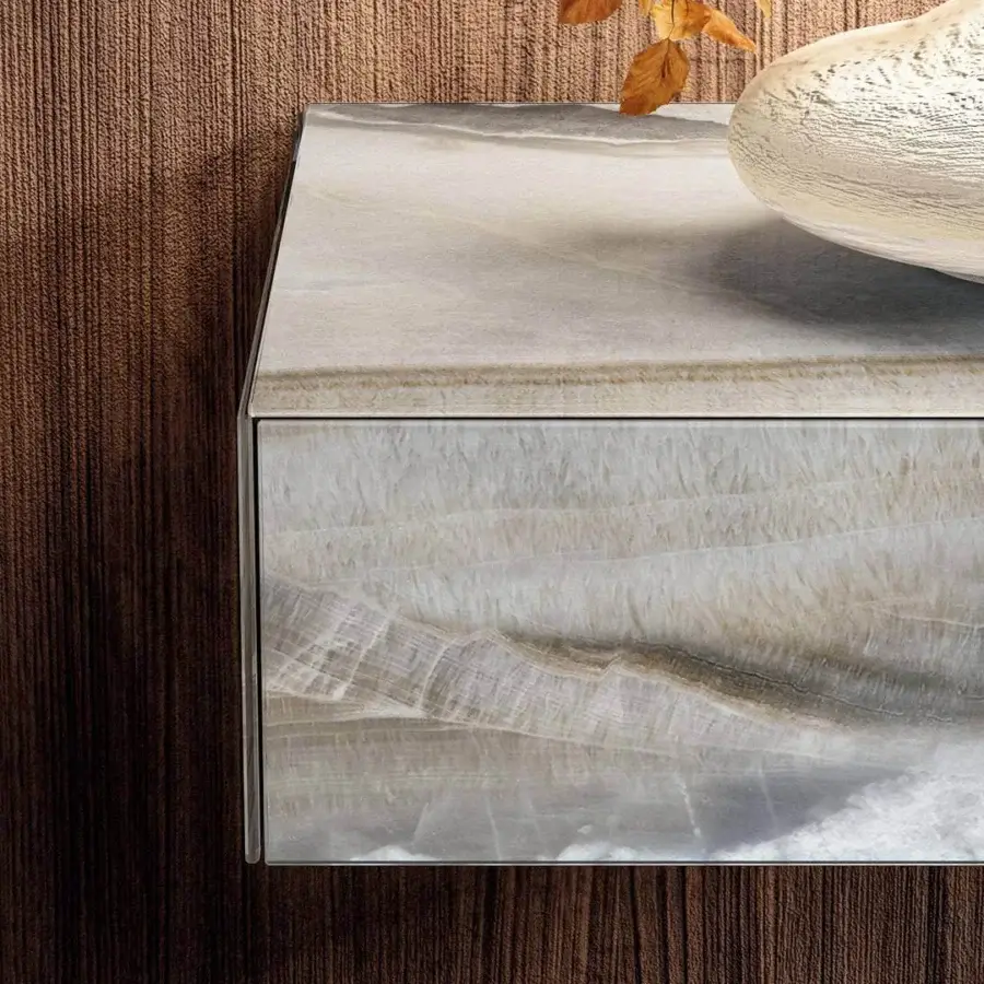 Superior Lago Materia Suspended nightstand with creamy off-white XGlass and subtle gray beige veining patterns crafted in Italy