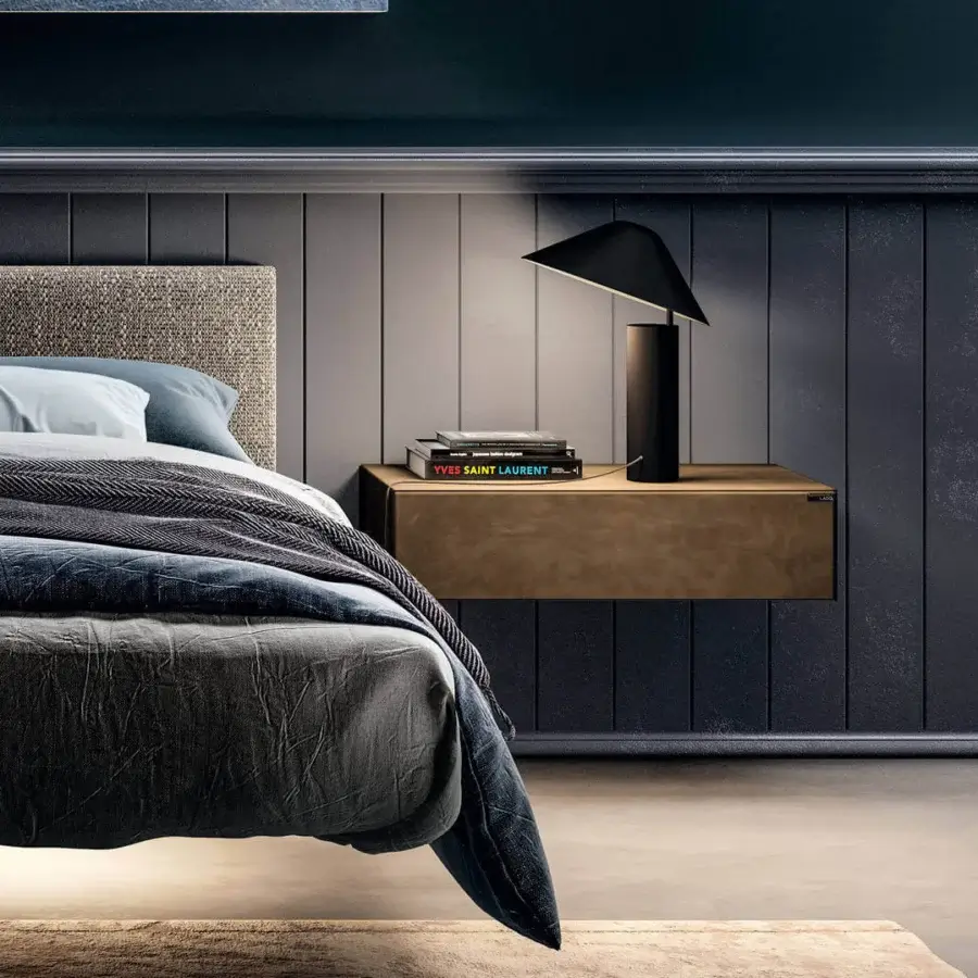 Elegant Lago Materia Suspended nightstand in medium brown XGlass with smooth matte finish presents a monolithic design