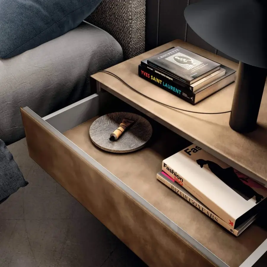 Distinguished Lago Materia Suspended nightstand crafted in uniform tan XGlass with monolithic block-worked volume