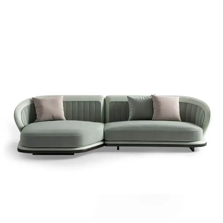 Exceptional CPRN Homood Pierre sectional with muted green textile upholstery and lacquered base detailing