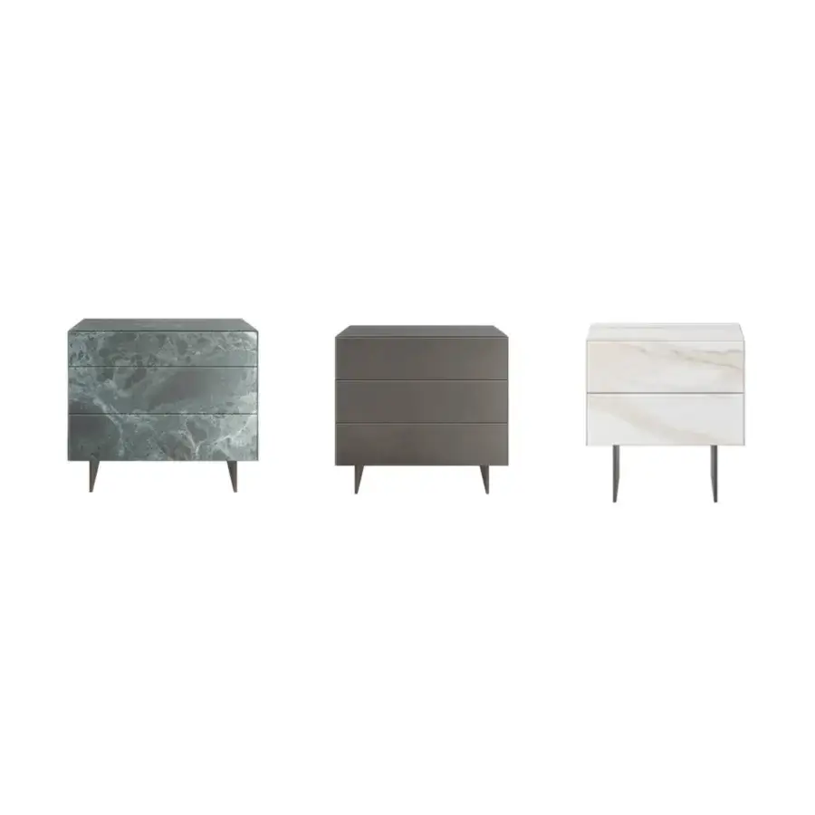 Distinguished Lago Materia nightstand in white marble-like finish with dark grey angled legs and innovative XGlass veining