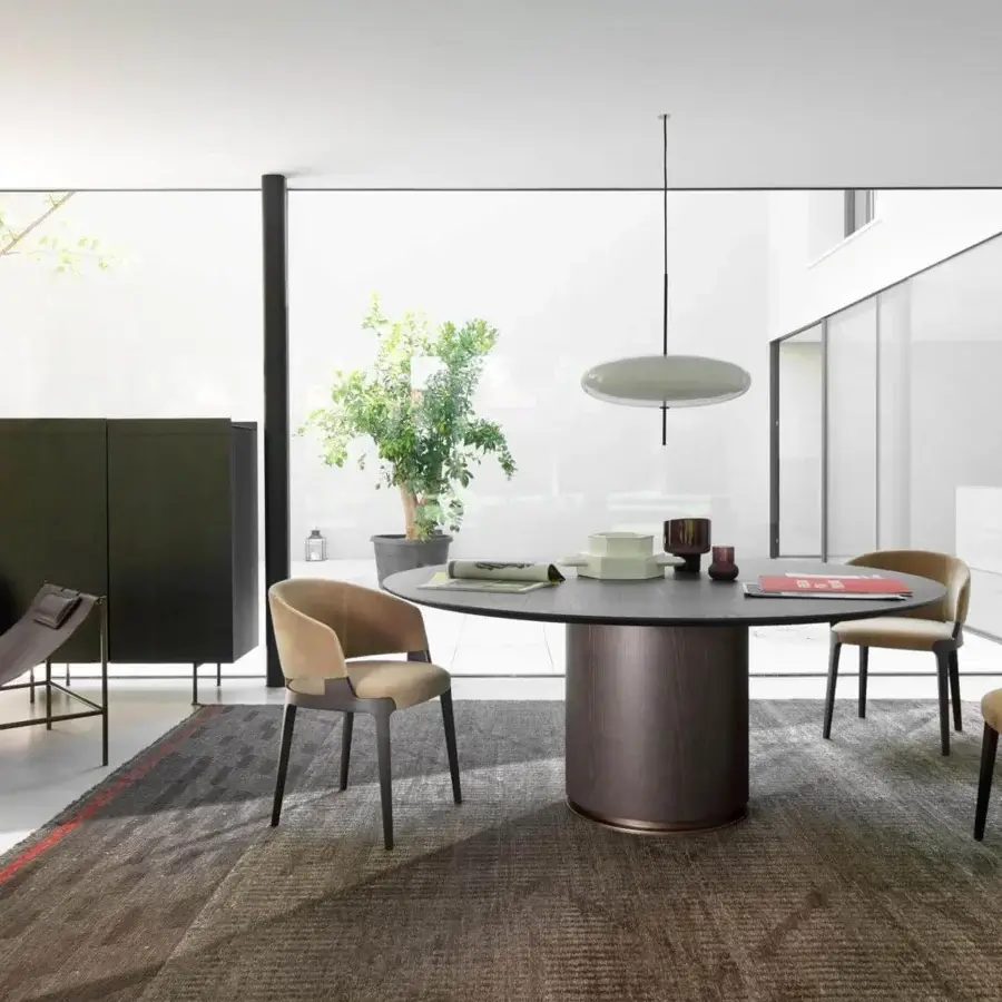 Distinguished Potocco Otab table with round Canaletto walnut top and bronzed brass detail in a matte dark brown finish