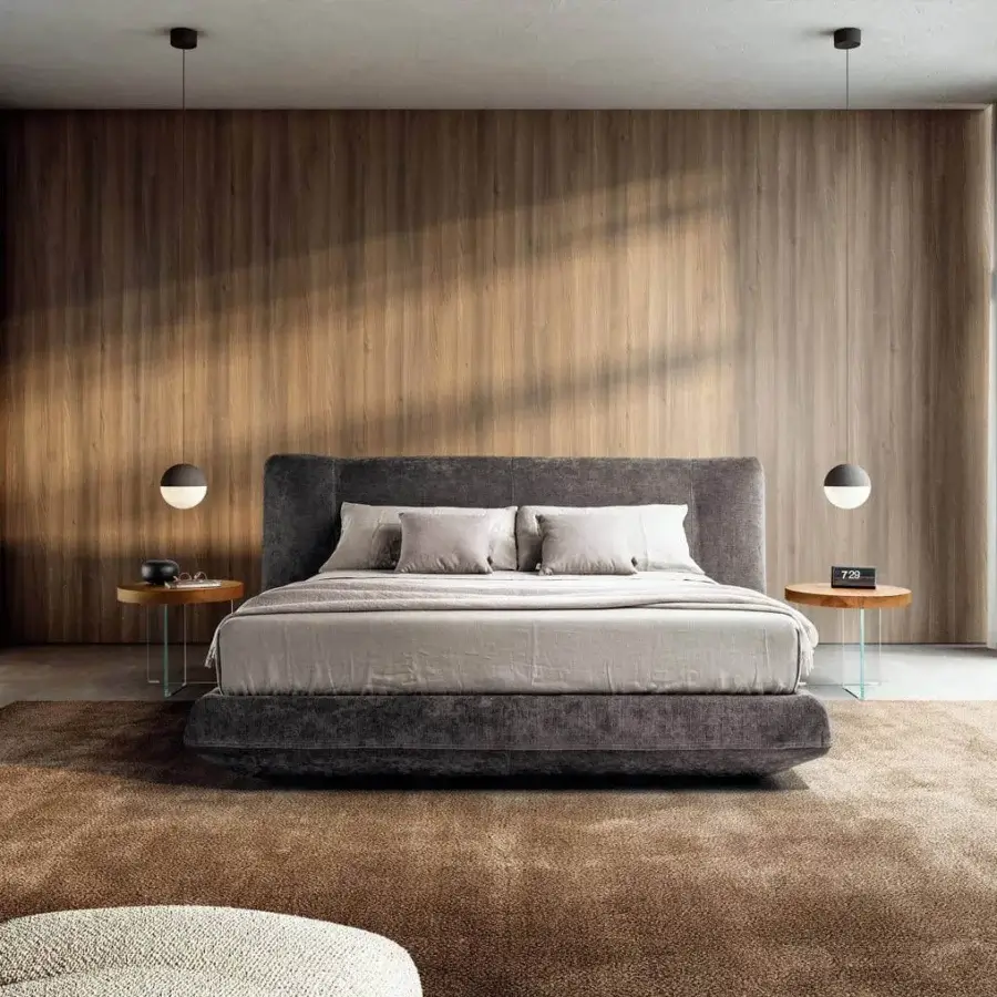Distinguished Lago Bed-In bed with dark muted gray textile upholstery, skilled tailoring and an internal wooden structure with metal frame