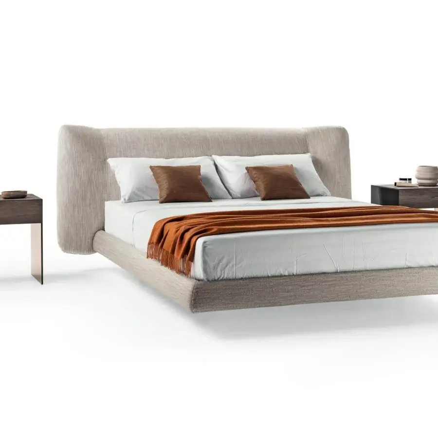 Lavish Lago Bed-In bed with light beige textile upholstery, impeccable tailoring and internal wooden structure for comfortable support