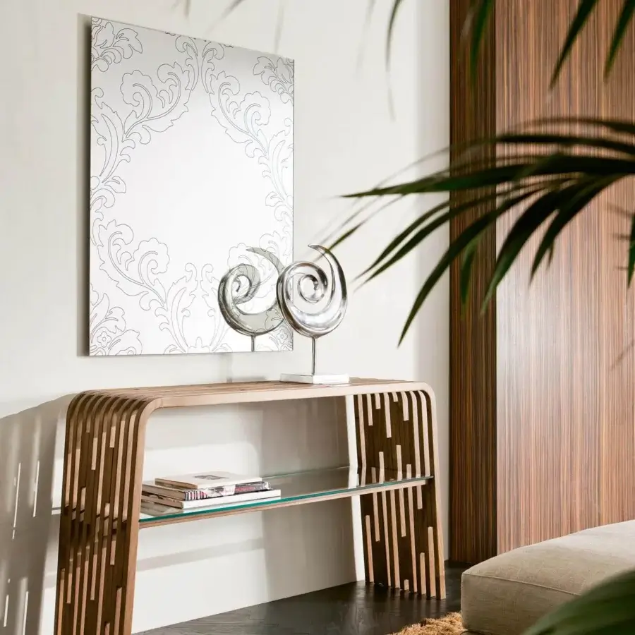 Superior Pacini & Cappellini Millerighe console built in light beige solid ash with a clear glass shelf and curved wood slats