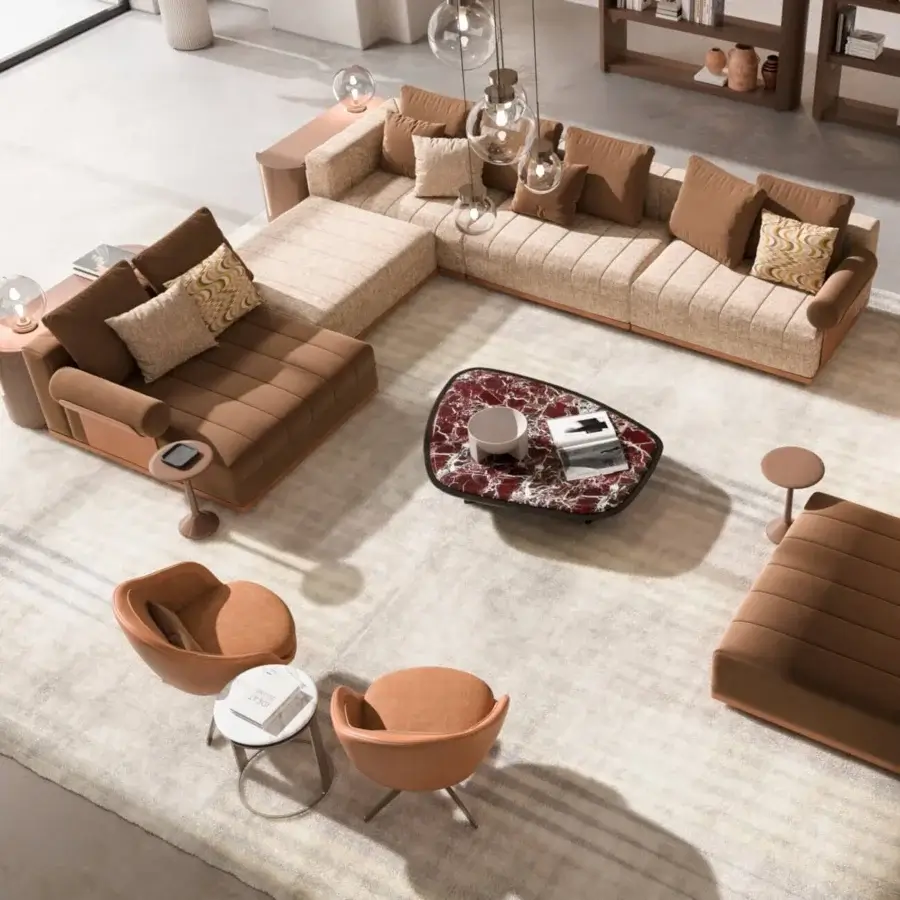 Distinguished CPRN Homood Auguste sectional with leather padded base and fabric seat covers in warm beige textile with a matte finish