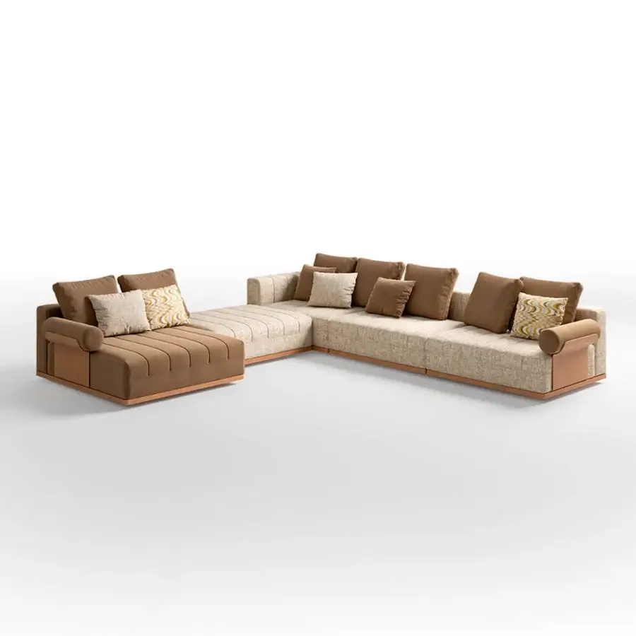 Superior CPRN Homood Auguste sectional with leather padding, beige fabric cover and light-toned wood trim