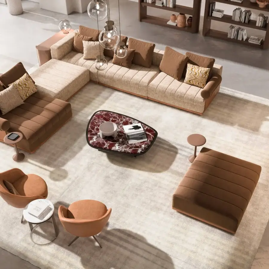 Exclusive CPRN Homood Auguste sectional with premium leather upholstery, light beige striped fabric cushions and brown throw pillows