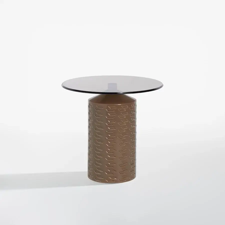 Superior Potocco Hishi side table with bronzed glass top and geometric patterned ceramic base crafted in brownish-taupe tones