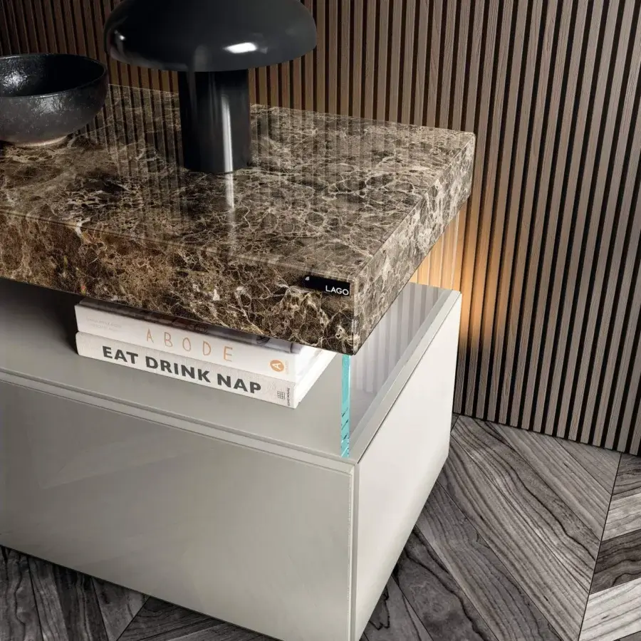 Distinguished Lago Air nightstand with light gray body and glossy marble XGlass top crafted with extra-clear tempered glass