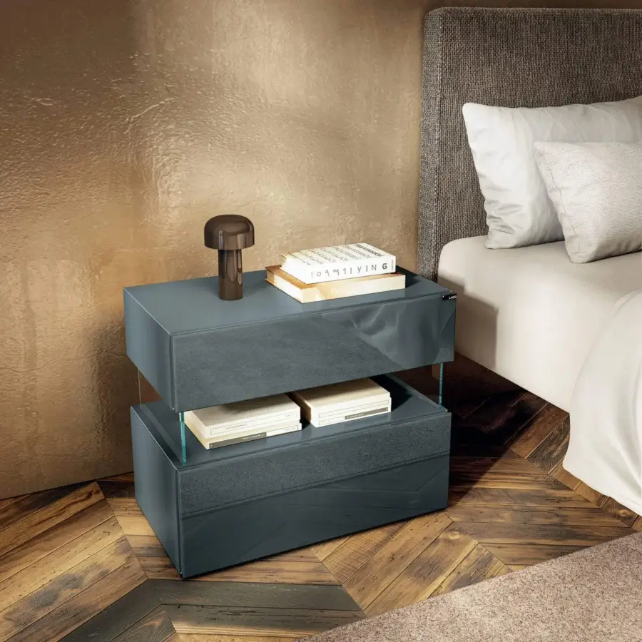 Superior Lago Air nightstand crafted in wood, glass and aluminum filigree with dark gray matte finish
