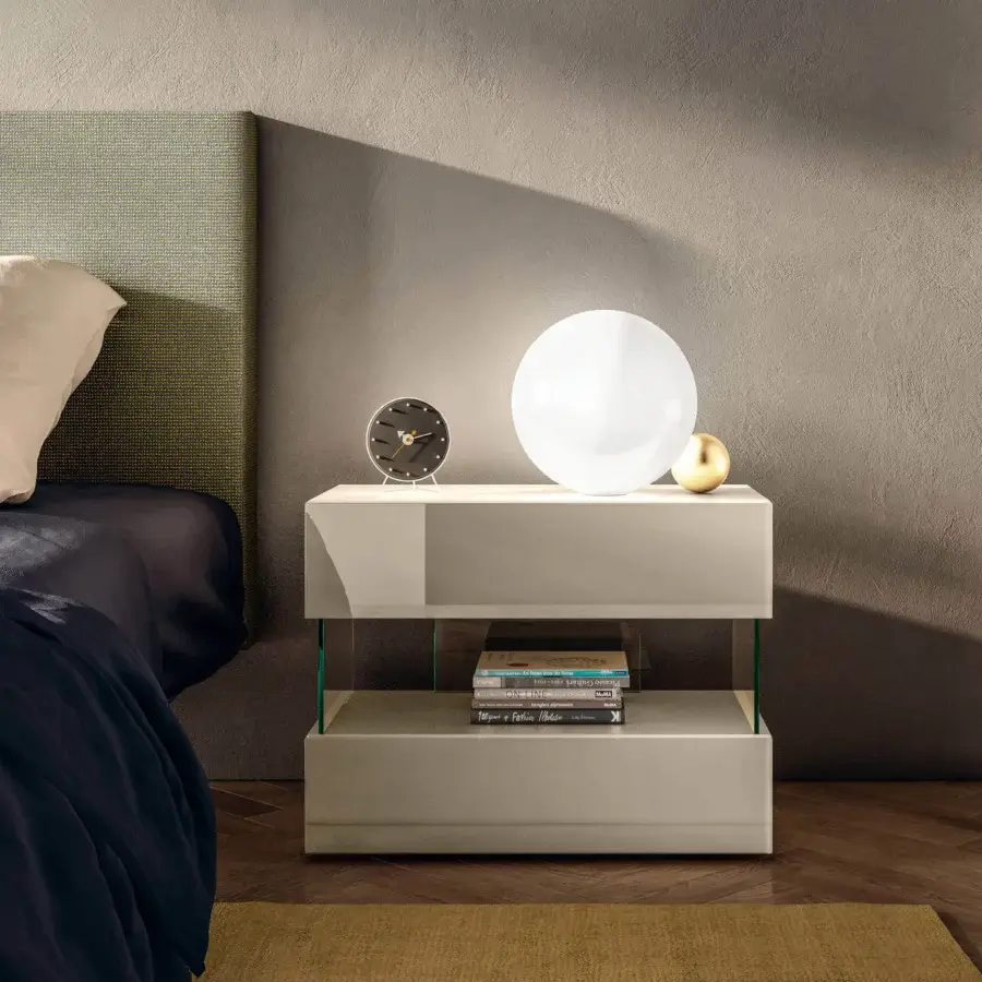 Elegant Lago Air nightstand in light beige synthetic composite with clear tempered glass supports and smooth matte finish