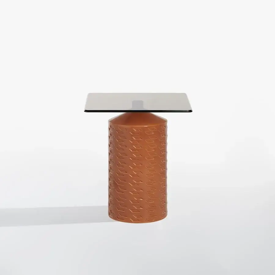 Captivating Potocco Hishi side table with cylindrical ceramic base and square bronzed glass top