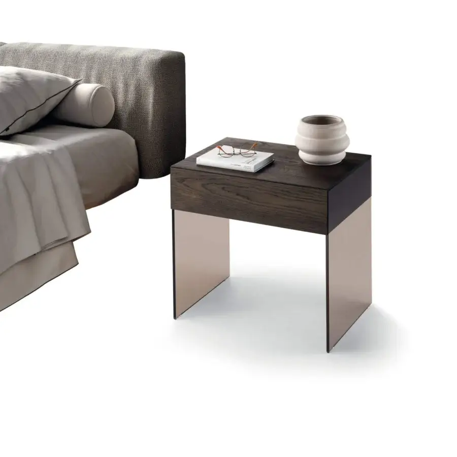 Superior Lago Class nightstand built with dark brown wood grain and semi-transparent light brown tempered-glass supports