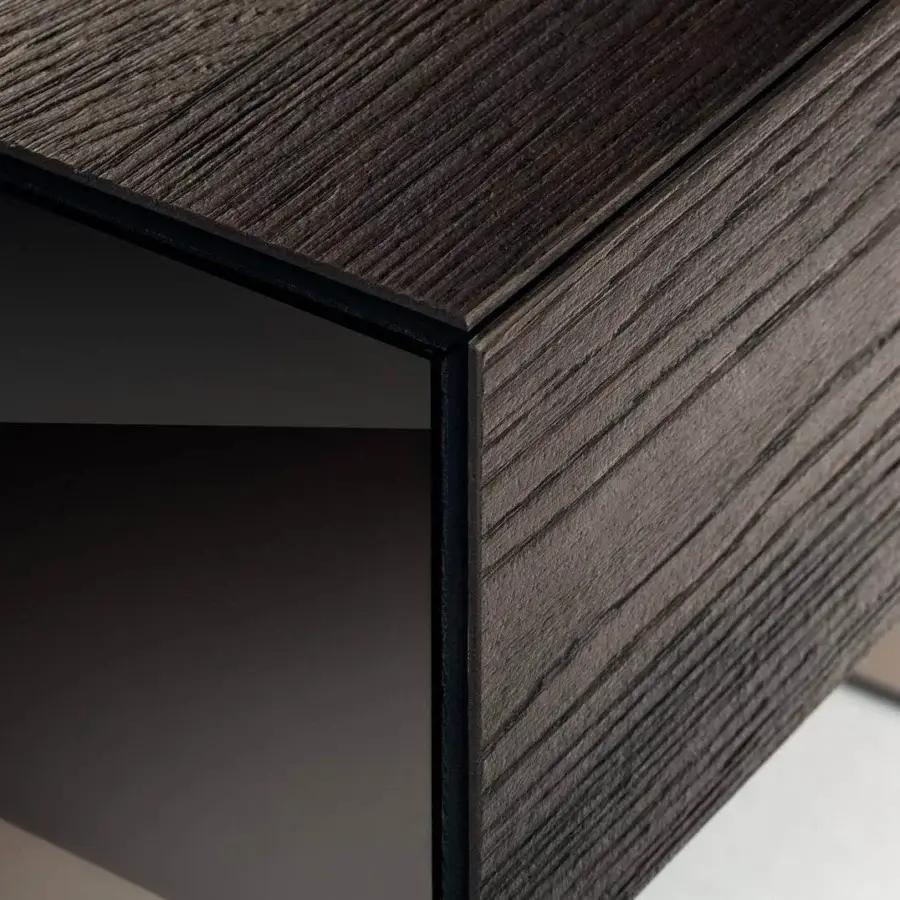 Distinguished Lago Class nightstand built with rich brown textured wood and a 45° angled build