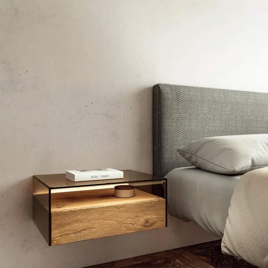 Elegant Lago Hom nightstand with wood grain drawer and transparent glass compartment in matte finish