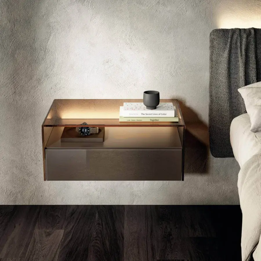 Superior Lago Hom nightstand with smoked glass open compartment and built-in lighting in a warm brown hue