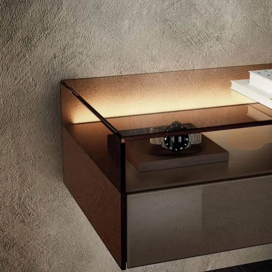 Exceptional Lago Hom nightstand with tempered smoked glass open compartment and precise 45° finish