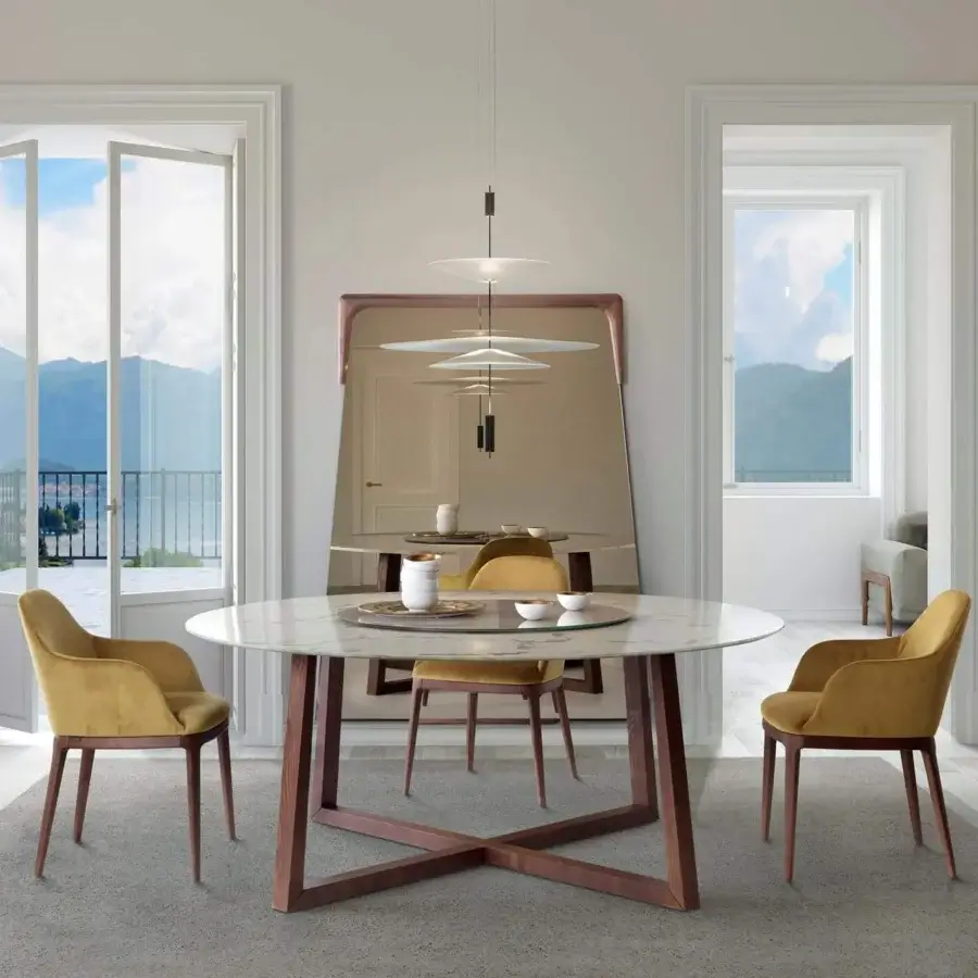 Harmonious Pacini & Cappellini Aliante table with polished natural marble and solid ash in a brown finish
