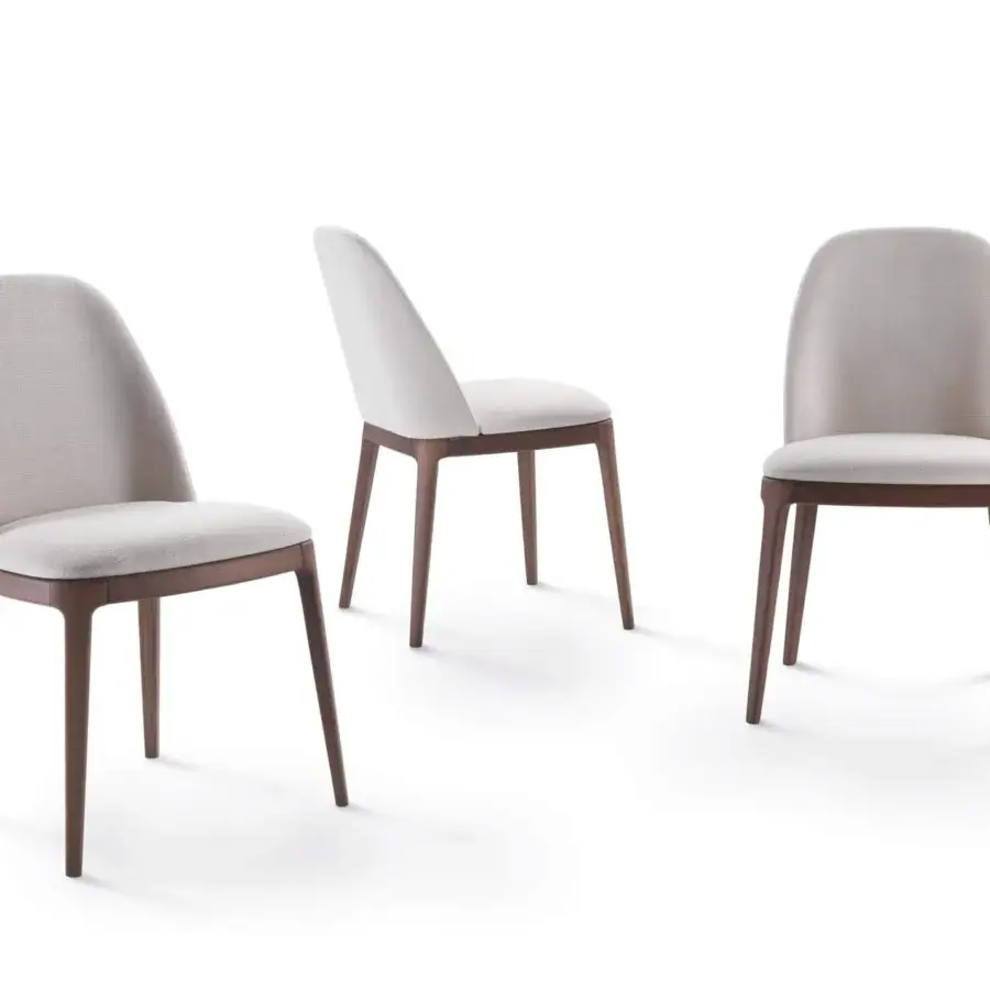Superior Pacini & Cappellini Becky chair with enveloping light textile and smooth dark brown wooden structure