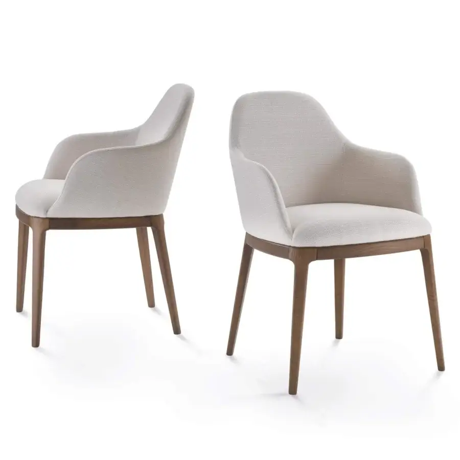 Distinguished Pacini & Cappellini Becky chair with enveloping light beige textile and warm brown wooden structure