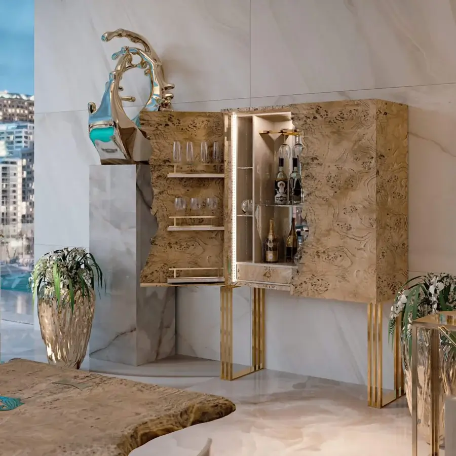 Elegant Bizzotto Italia Sidney bar cabinet in light tan wood with textured pattern and golden metal support legs