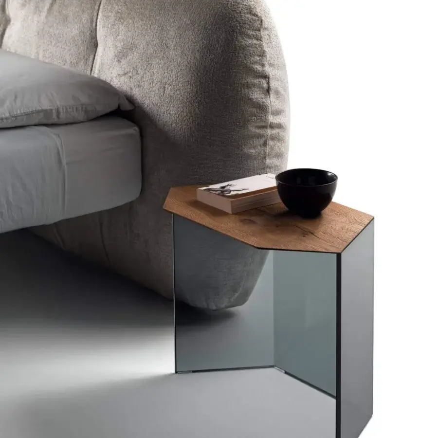 Distinguished Lago Livre nightstand with hexagonal Wildwood oak tabletop and tinted tempered glass legs in matte finish
