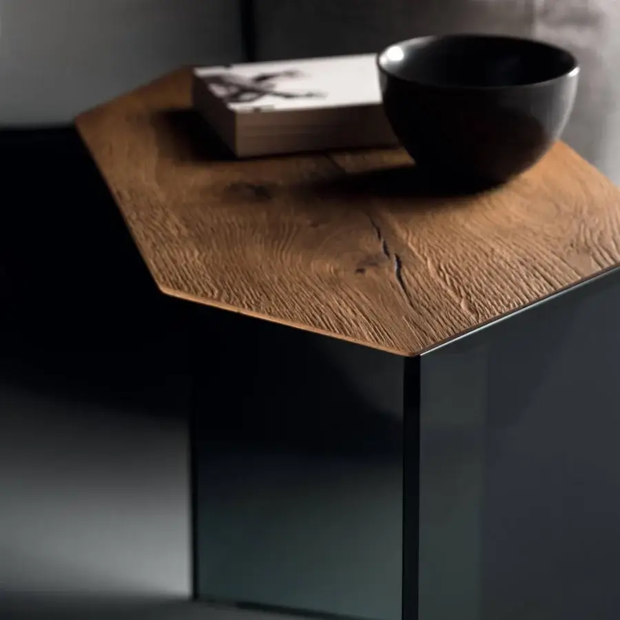 Exceptional Lago Livre nightstand with hexagonal Wildwood oak top and sleek dark glass legs exhibiting glossy finish