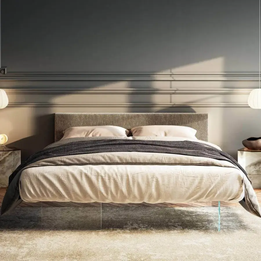 Superior Lago Livre nightstand with hexagonal Wildwood oak top and slim tempered glass legs in beige and cream tones with polished surfaces
