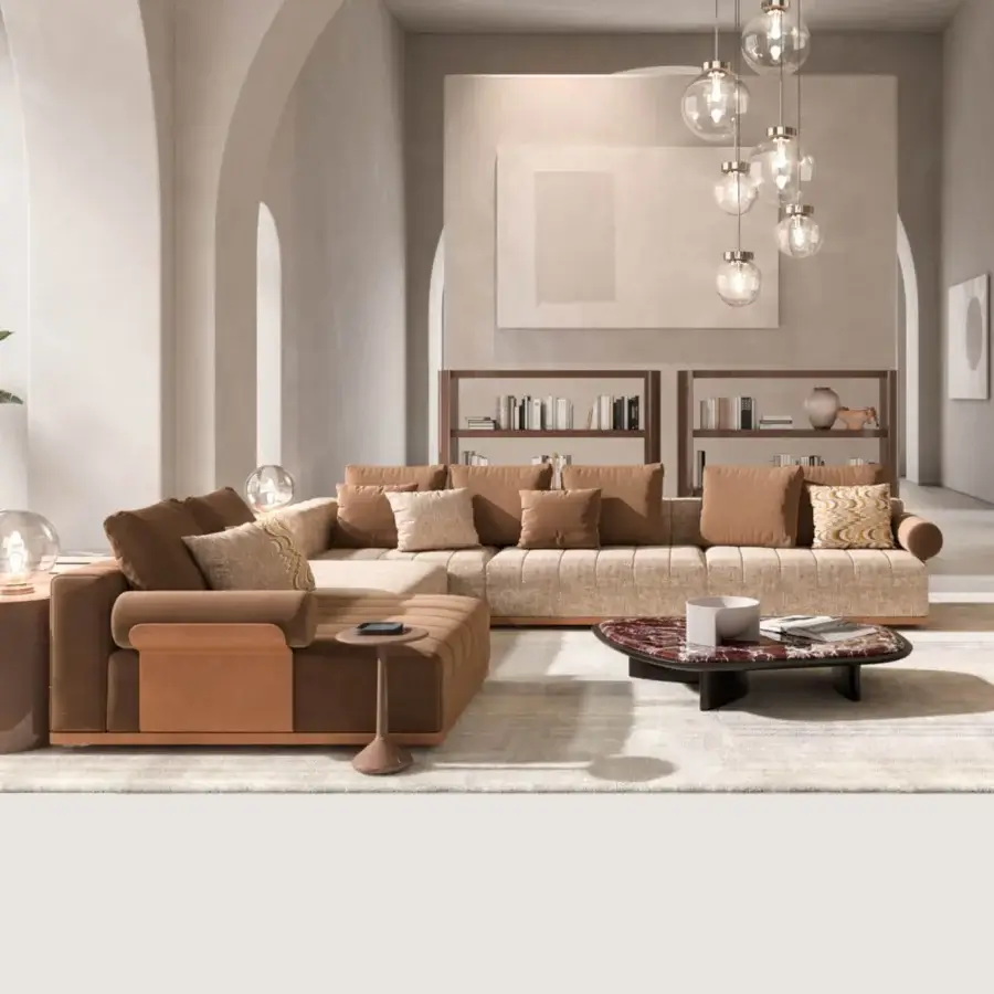Exceptional CPRN Homood Auguste sectional with beige textile upholstery and premium leather detailing