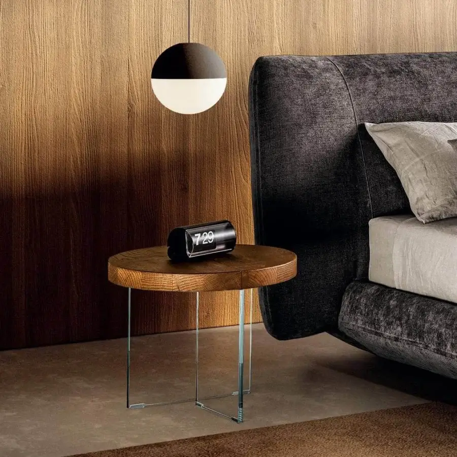 Superior Lago Air nightstand with Wildwood oak tabletop and transparent tempered-glass legs crafted in Italy