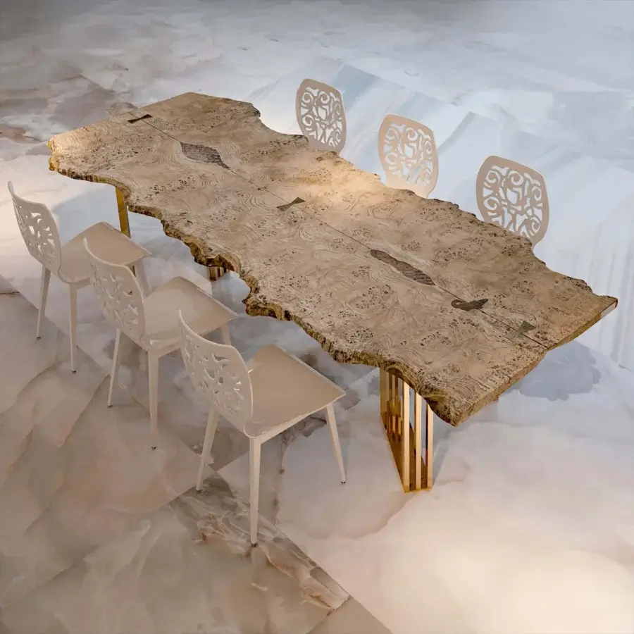 Distinguished Bizzotto Italia Sidney table with radica wood top and 24KT gold galvanized base in a light beige natural finish
