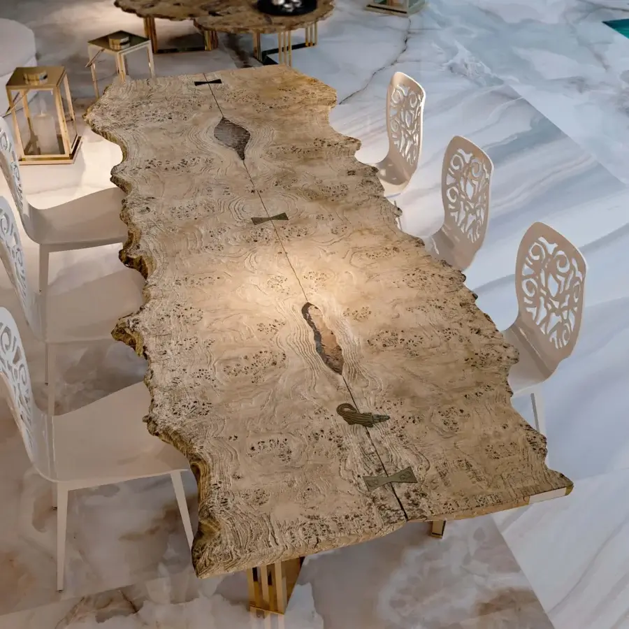 Lavish Bizzotto Italia Sidney table crafted with radica wood and a 24KT gold galvanized base exhibiting a natural finish