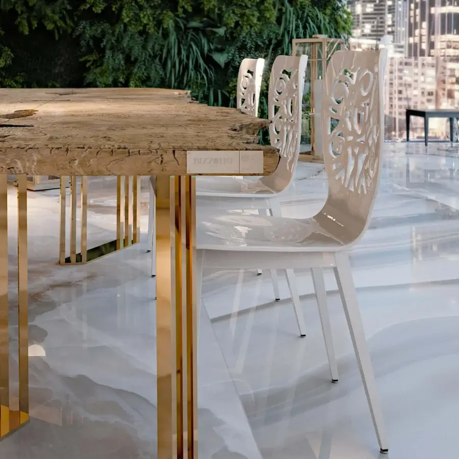 Superior Bizzotto Italia Sidney table crafted with radica wood and lavish 24KT gold galvanized metal legs