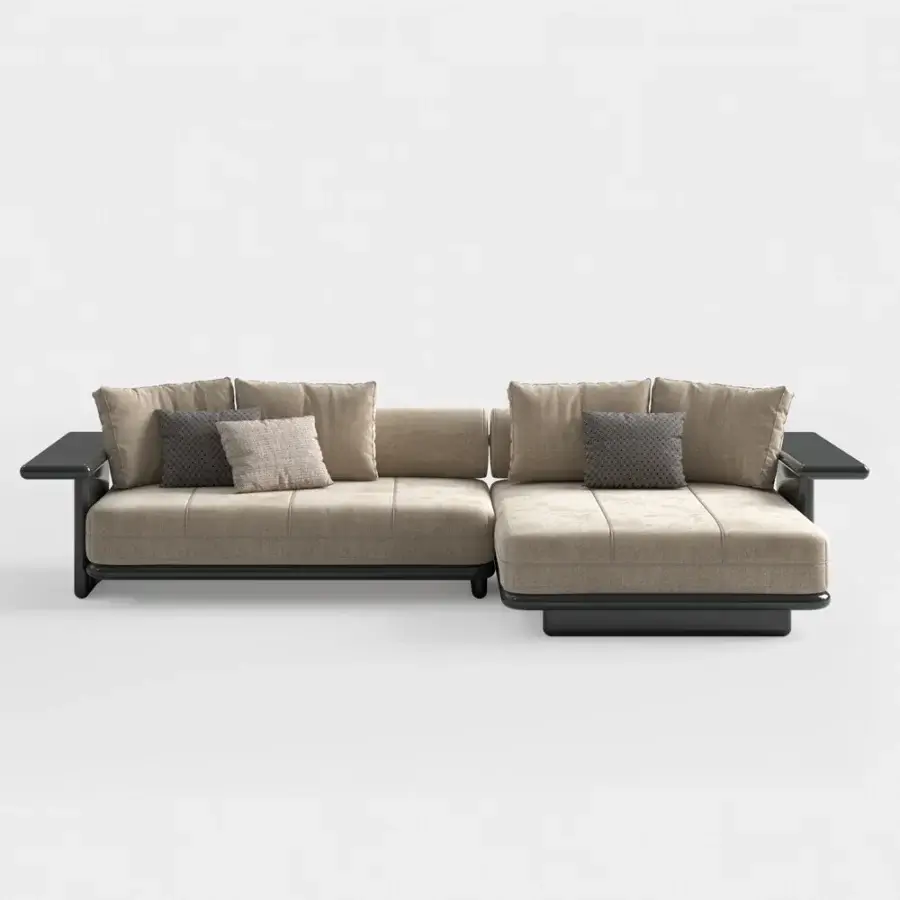 Distinguished CPRN Homood Zeno sectional with light brown premium fabric and dark lacquered wood frame built for comfortable living spaces