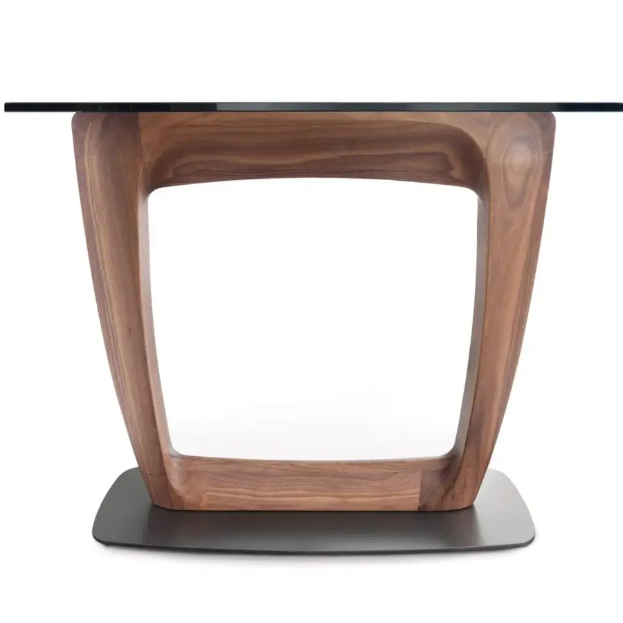 Elegant Pacini & Cappellini Aaron console crafted in solid Canaletto walnut with a rectangular glass top and dark metal base