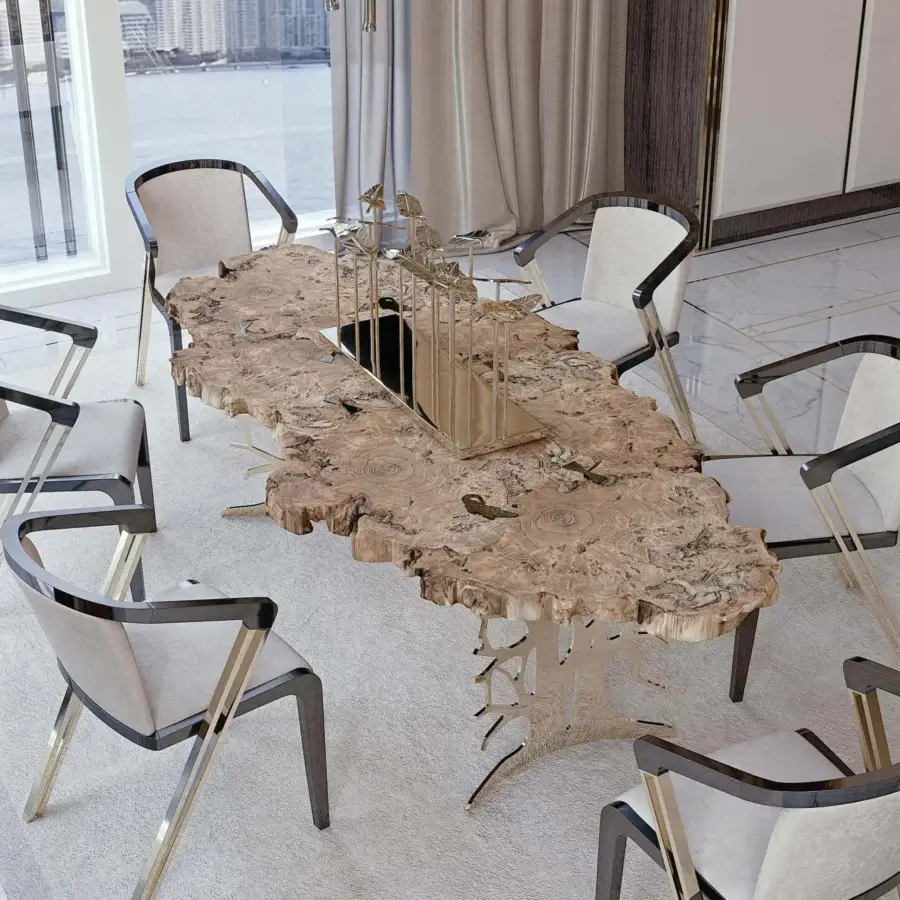 Lavish Bizzotto Italia Sidney table with radica wood top in honey finish and 24KT gold galvanized branched base