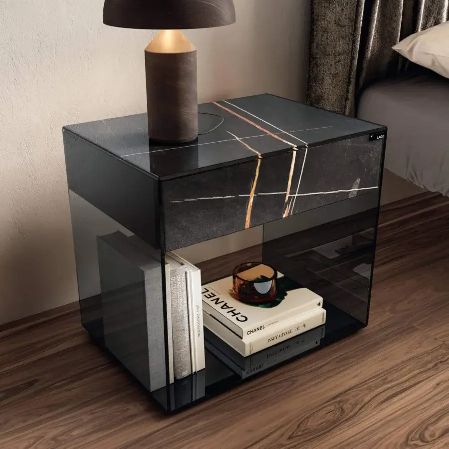 Superior Lago UpGlass nightstand with transparent tempered glass and dark XGlass top exhibiting gold veining in sleek 45° finish