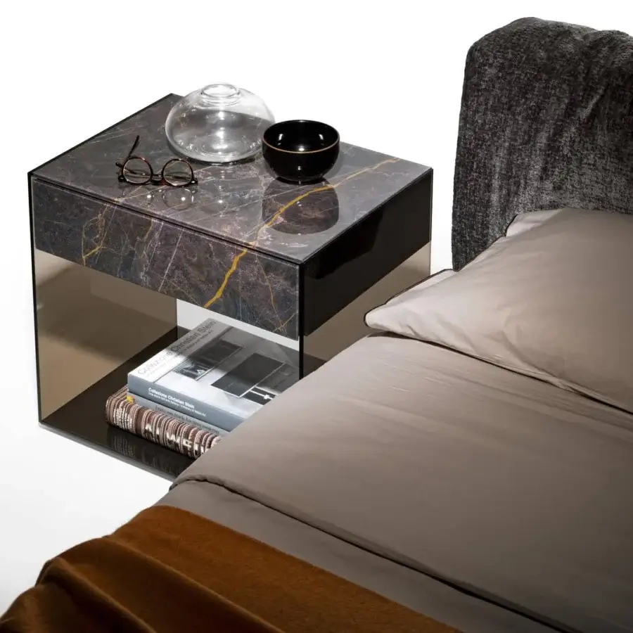 Distinguished Lago UpGlass nightstand with transparent tempered glass and marble-patterned XGlass top in dark brown with gold veining