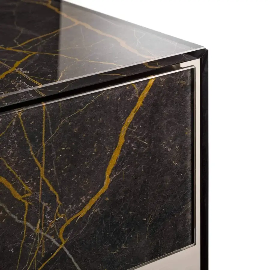 Innovative Lago UpGlass nightstand with dark marble-like XGlass and glossy top accented by metallic trim