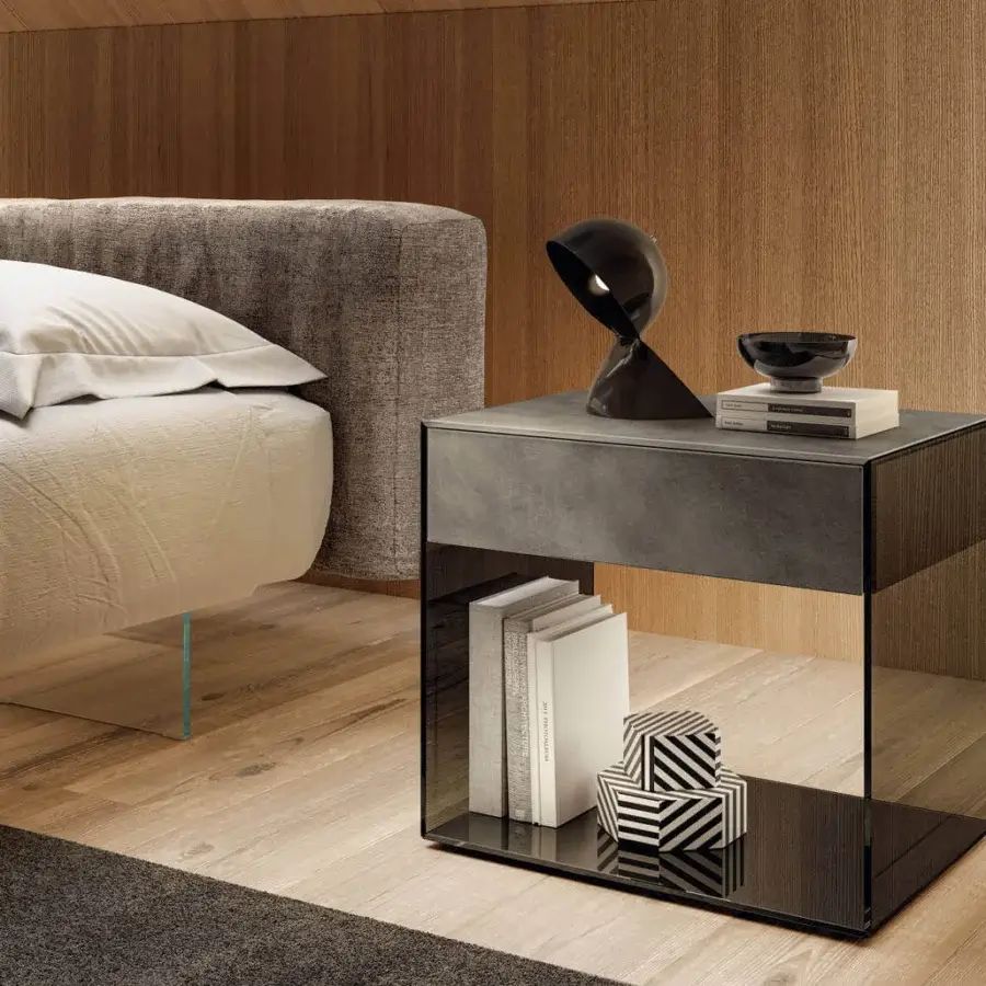 Elegant Lago UpGlass nightstand with transparent tempered glass and matte medium gray XGlass surfaces