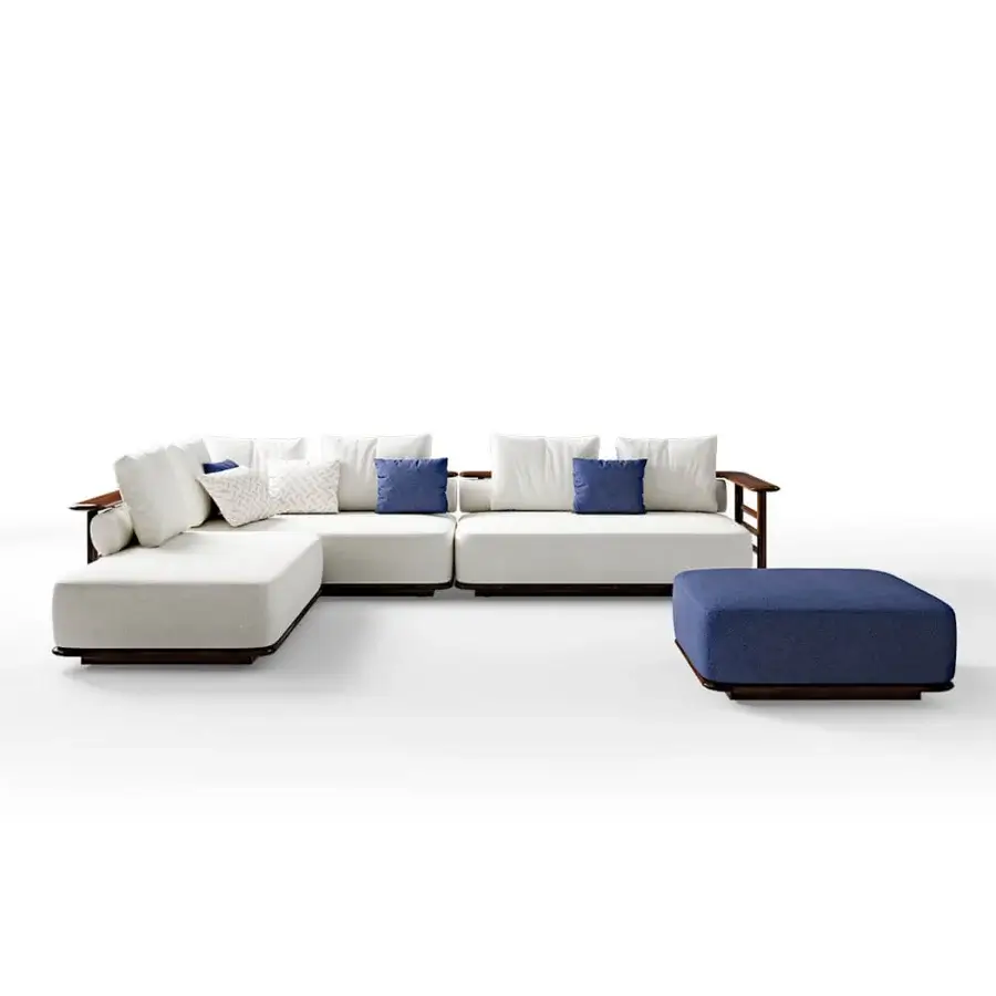 Distinguished CPRN Homood Pedro sectional with light beige waterproof fabric, white cushions and a dark brown wood base
