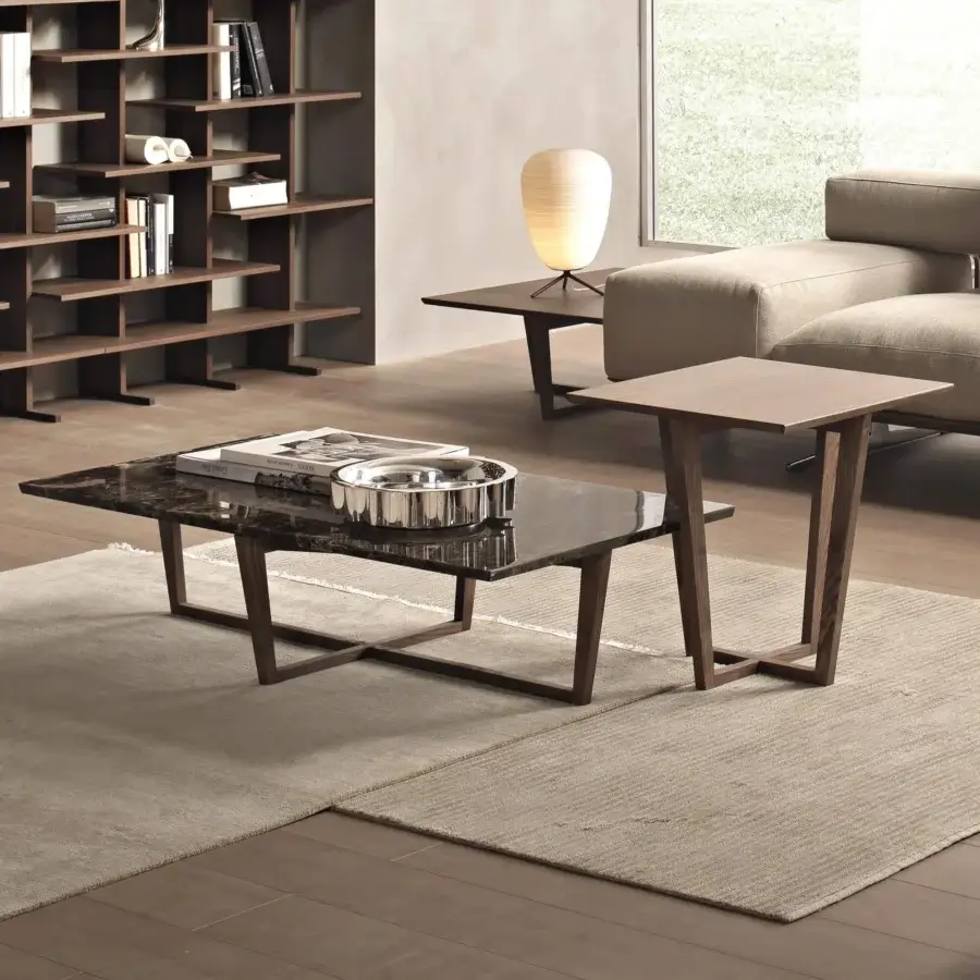 Elegant Pacini & Cappellini City coffee table with polished marble top and dark finished solid wood base