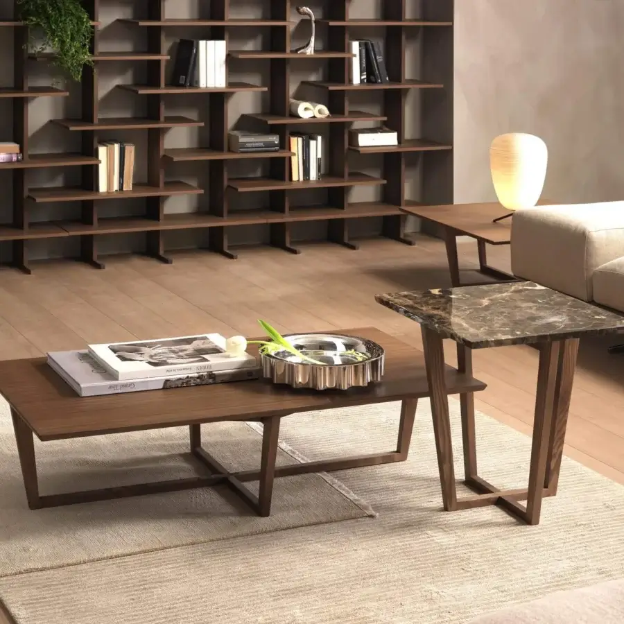 Distinguished Pacini & Cappellini City coffee table with veneered wood and an x-shaped leg structure in a matte finish