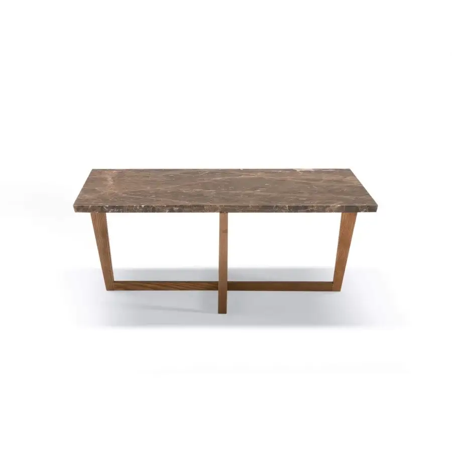 Elegant Pacini & Cappellini City coffee table with polished marble in brown and tan tones and a light brown matte wood base
