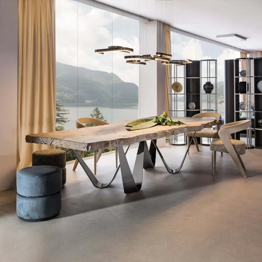 Distinguished Bizzotto Italia Reverse table with organic briarwood and chrome black metal base in a natural light finish