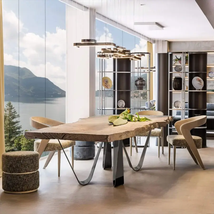Distinguished Bizzotto Italia Reverse table with a light briarwood tabletop and chrome black metal base crafted in a natural finish