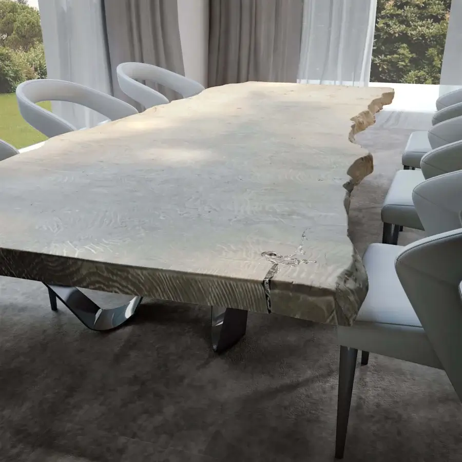 Exceptional Bizzotto Italia Reverse table with a light briarwood top and chrome black metal base in Shade finish